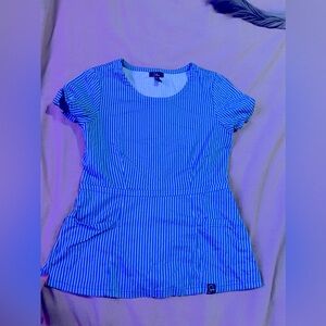 Pinstripe robin’s egg blue fitted Jaanuu scrub top